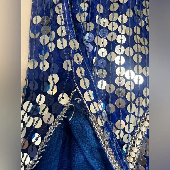 Vintage Blue Sequin Beaded Silk Dress Art Deco Midi Party Formal - Picture 13 of 16